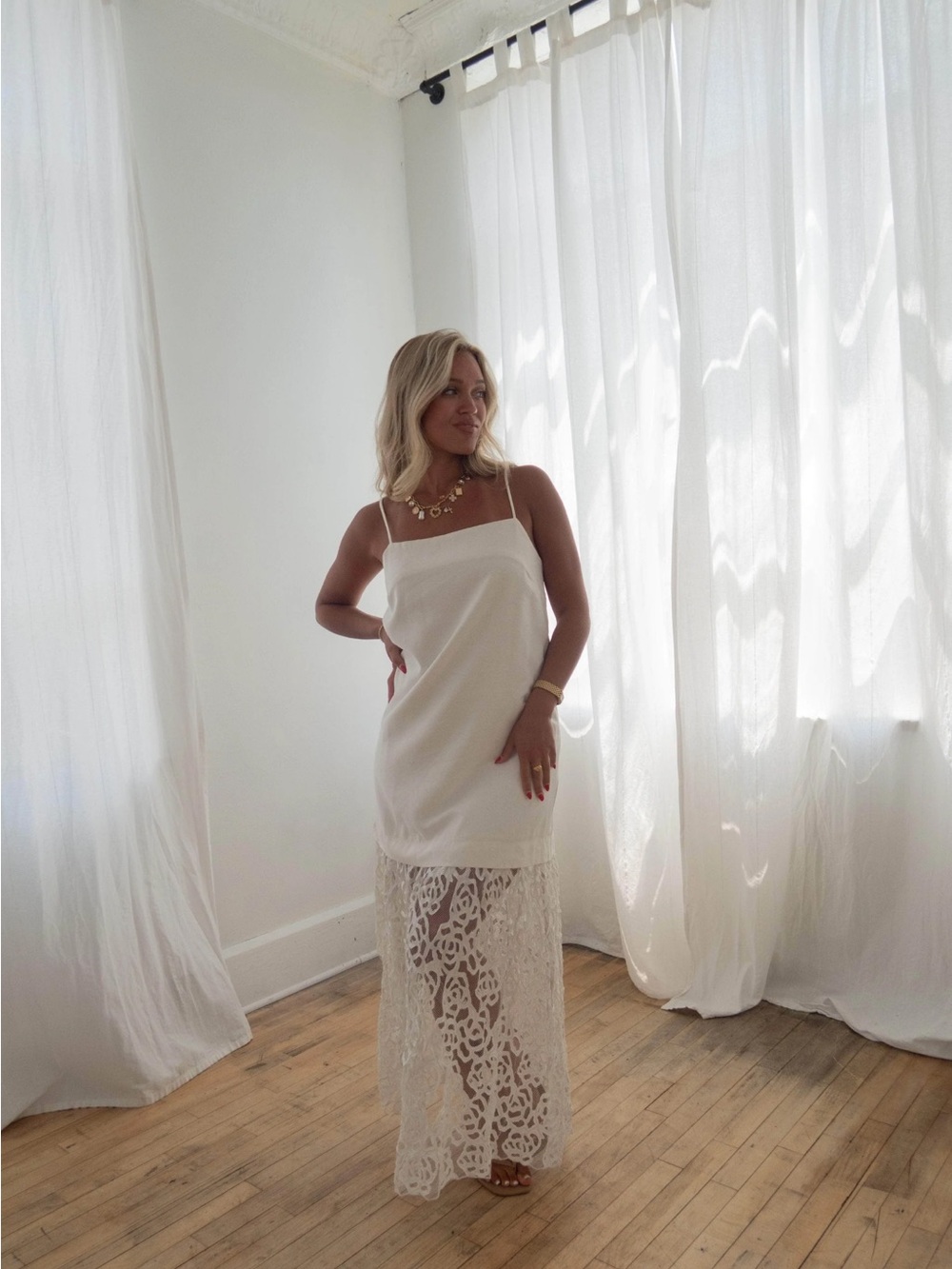 Sleeveless White Slip Dress with Lace Maxi Skirt